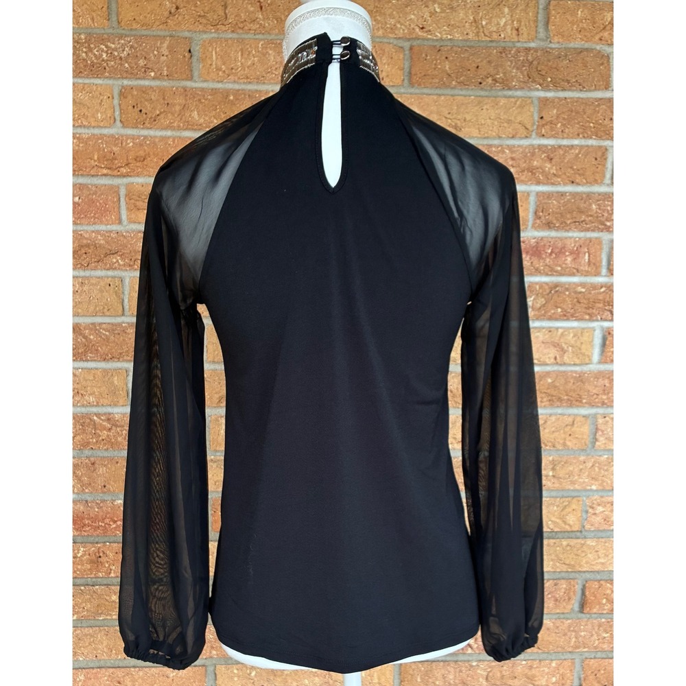 Cable & Gauge Beaded HighNeck Blouse Womens XS Black Excellent Sheer Mesh Sleeve